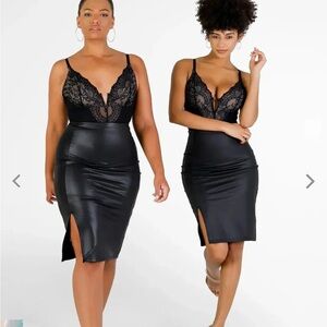 Popilush Black Lace-Trim Midi Skirt – Sleek Side-Slit Pencil Skirt